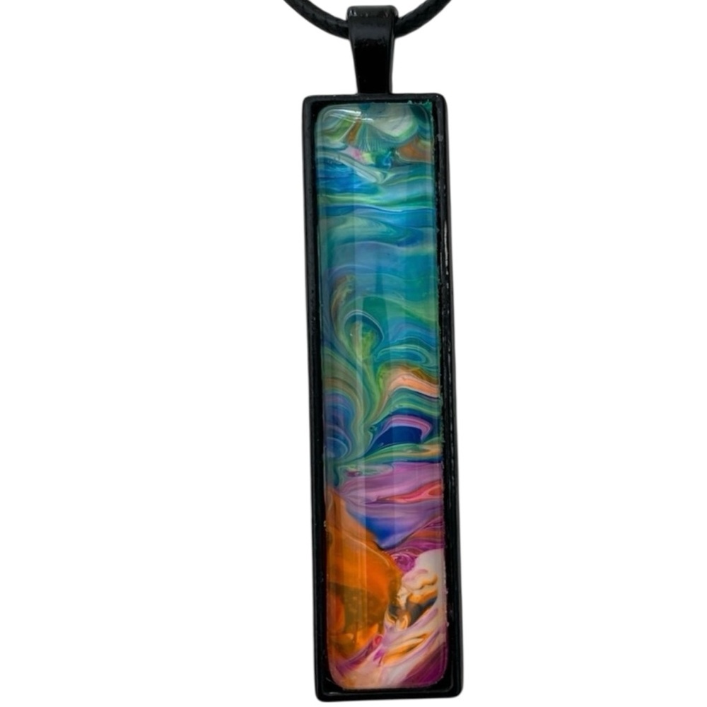 Hand Crafted  Multicolor Fluid Art Rectangle Pendant Necklace by Svetlana Yeung